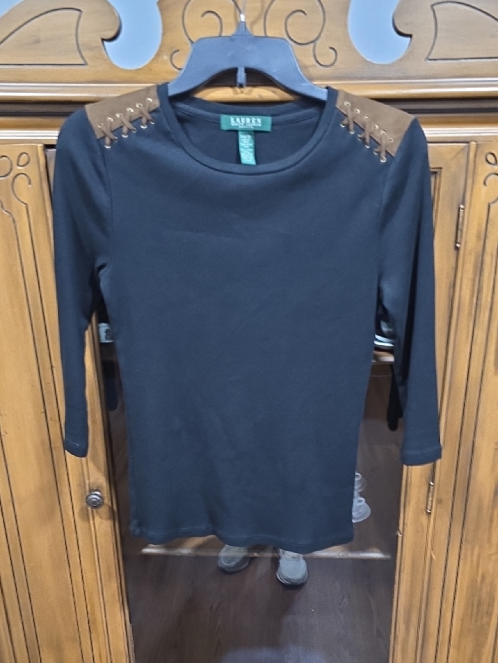 Lauren Ralph Lauren Black Long-Sleeve Top with Brown Suede Shoulder Lacing